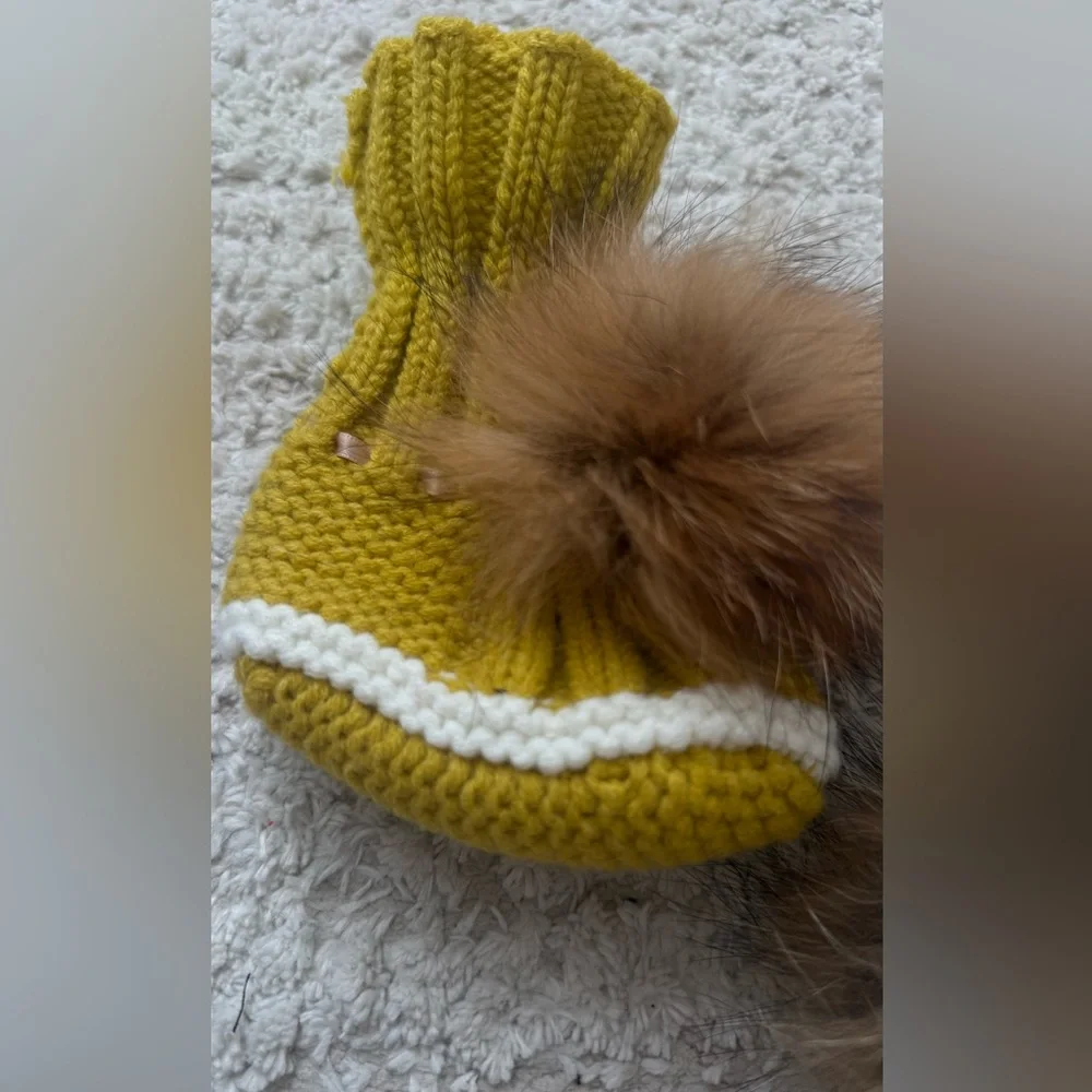 Cozy Mustard Knit Baby Booties with real Fur Pom